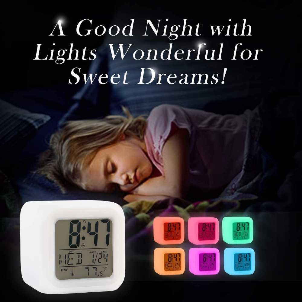 7 Color Changing Led Lights Big Size Digital Screen Temperature & Calendar & Battery Operated Glowing Led Table Alarm Clock Dice