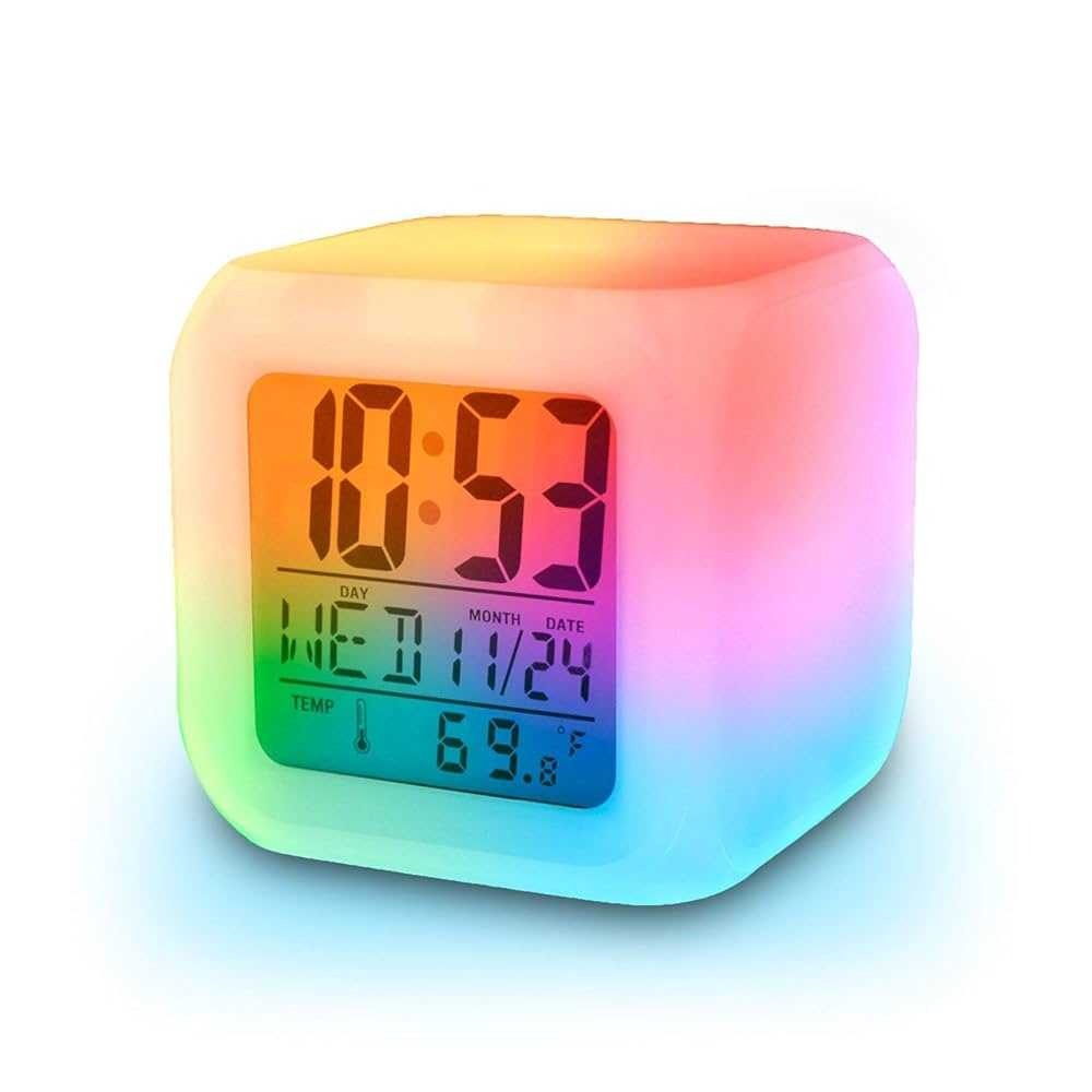 7 Color Changing Led Lights Big Size Digital Screen Temperature & Calendar & Battery Operated Glowing Led Table Alarm Clock Dice