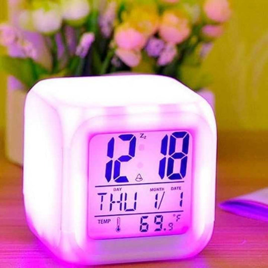 7 Color Changing Led Lights Big Size Digital Screen Temperature & Calendar & Battery Operated Glowing Led Table Alarm Clock Dice