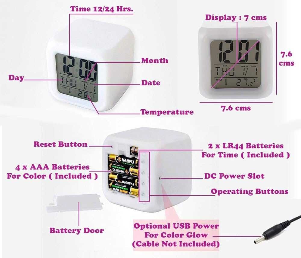 7 Color Changing Led Lights Big Size Digital Screen Temperature & Calendar & Battery Operated Glowing Led Table Alarm Clock Dice