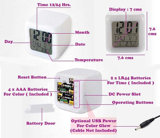 7 Color Changing Led Lights Big Size Digital Screen Temperature & Calendar & Battery Operated Glowing Led Table Alarm Clock Dice